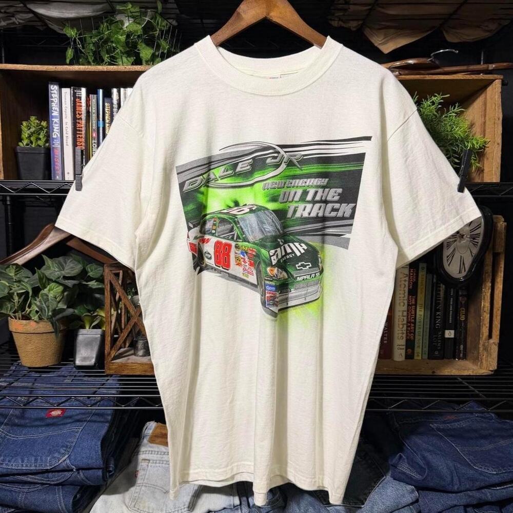 VIntage Y2K Dale Earnhardt Jr. NASCAR Tee White Green Racing Shirt Mens Large